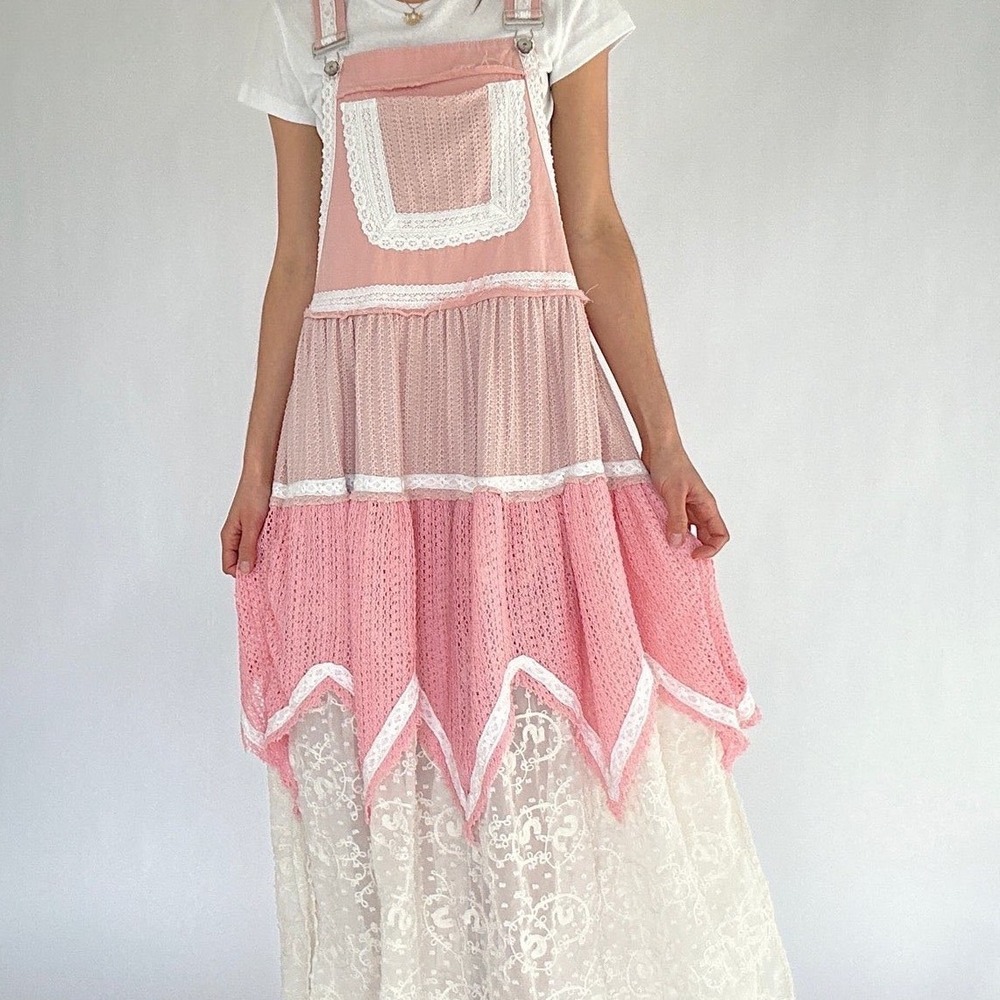 POL Pink Lace Crochet Tiered Overall Dress Boho Cottagecore SMS139 ML